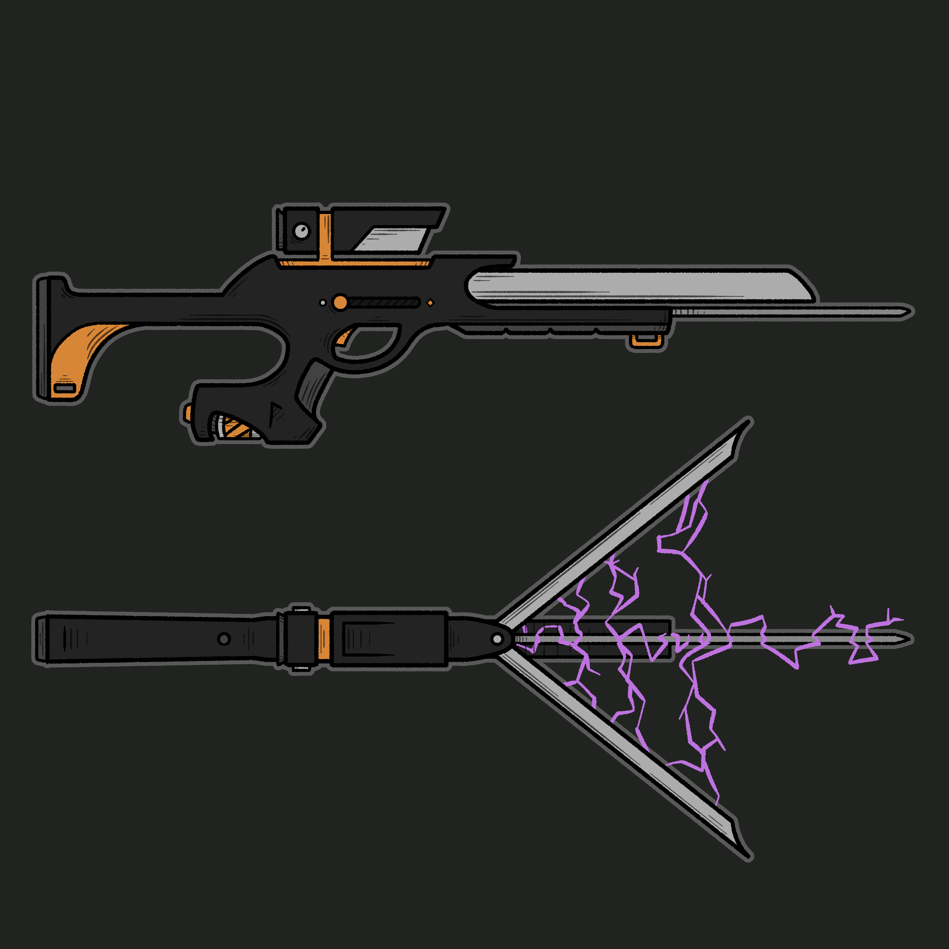 An illustrated diagram of a sci-fi rifle in black and orange. On top, the rifle's barrel is closed, and viewed from the side. On bottom, the rifle's barrel is open and viewed from above, with purple sparks arcing between the pieces.
